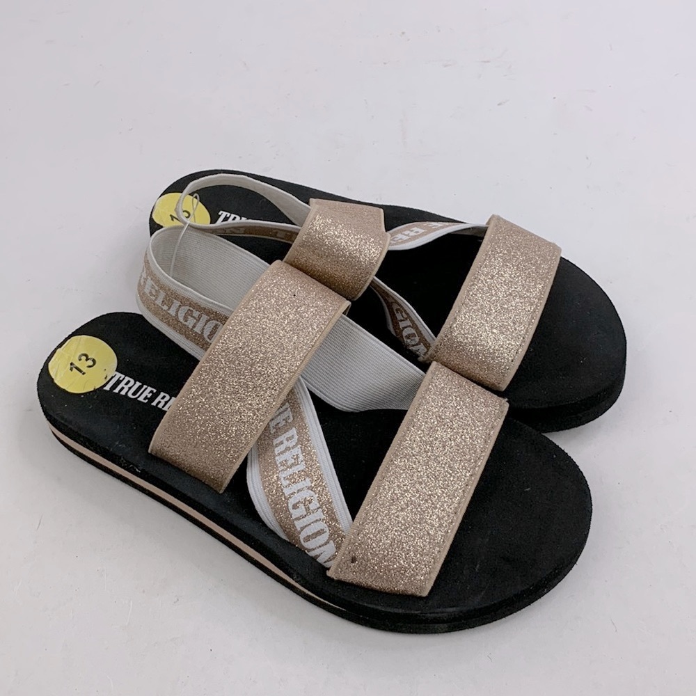 True Religion Sandals Black Rose Gold Sparkle Strappy Size 13 girls youth New